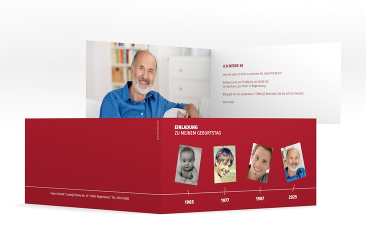 Einladung 60. Geburtstag Timeline lange Klappkarte quer rot