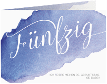 Einladung 50. Geburtstag Aquarell A6 Klappkarte quer blau mit erhobenem Skelett-Mittelfinger