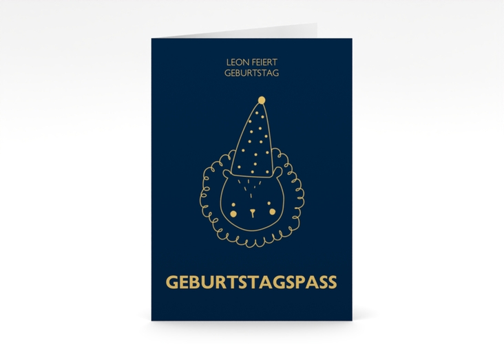 Einladungskarte Kindergeburtstag Geburtstagspass A6 Klappkarte hoch blau