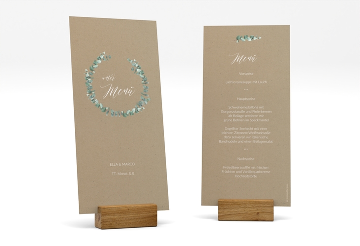Menükarte Hochzeit Silverleaf lange Karte hoch Kraftpapier mit Eukalyptus-Zweig