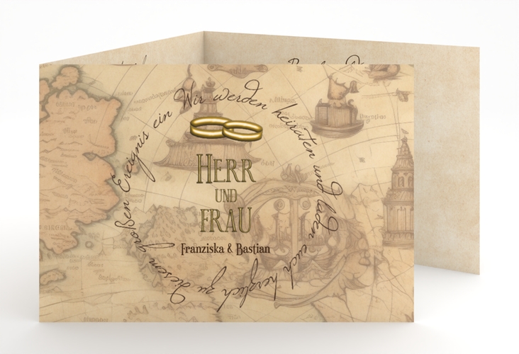 Hochzeitseinladung Zwei Ringe A6 Doppel-Klappkarte mit Eheringen und Fantasy-Landkarte