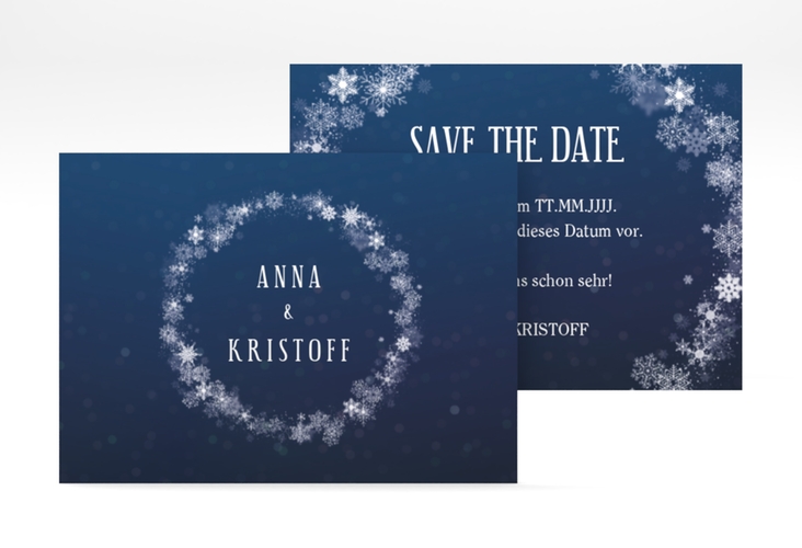 Save the Date-Visitenkarte Winterdream Visitenkarte quer blau mit Eisblumen