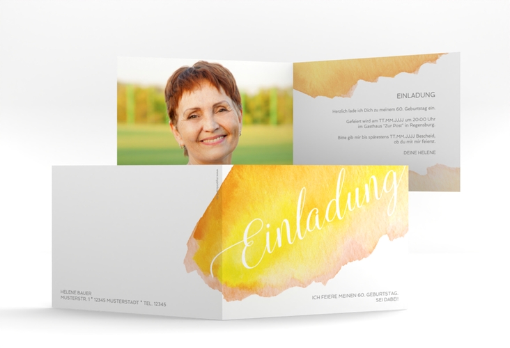 Einladung Geburtstag Aquarell A6 Klappkarte quer gelb