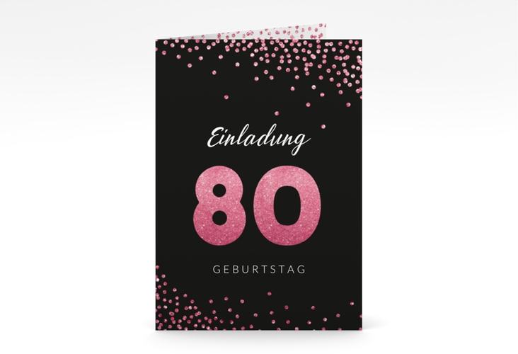 Einladung 80. Geburtstag Glitzer A6 Klappkarte hoch pink hochglanz
