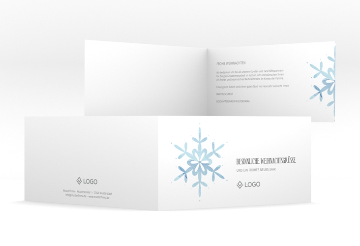 Geschäftliche Weihnachtskarte Winterhauch lange Klappkarte quer mit Schneeflocken-Design und Logo für Firmen
