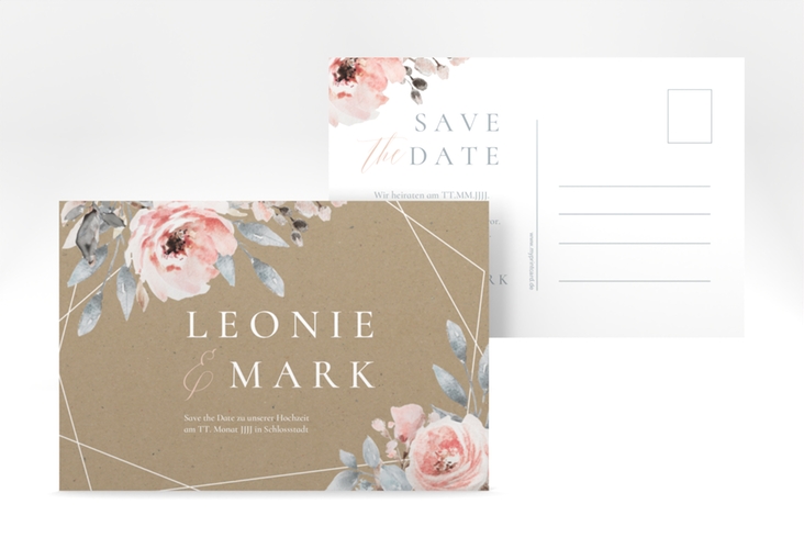 Save the Date-Postkarte Perfection A6 Postkarte Kraftpapier mit rosa Rosen