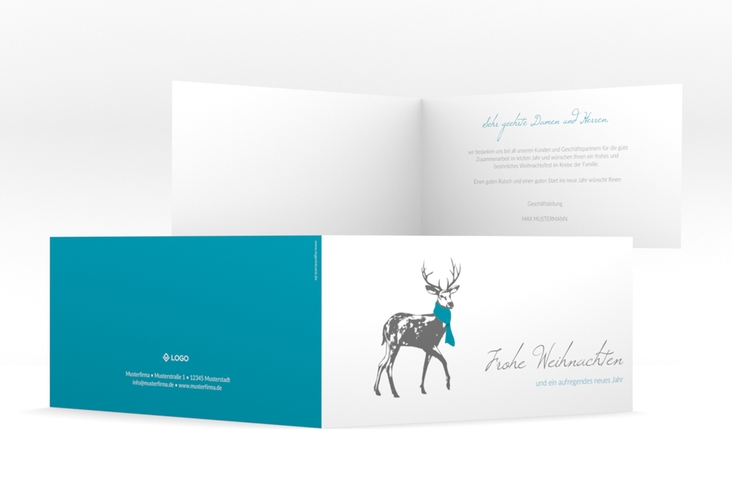 Geschäftliche Weihnachtskarte Hirsch lange Klappkarte quer blau hochglanz mit Hirsch mit Schal