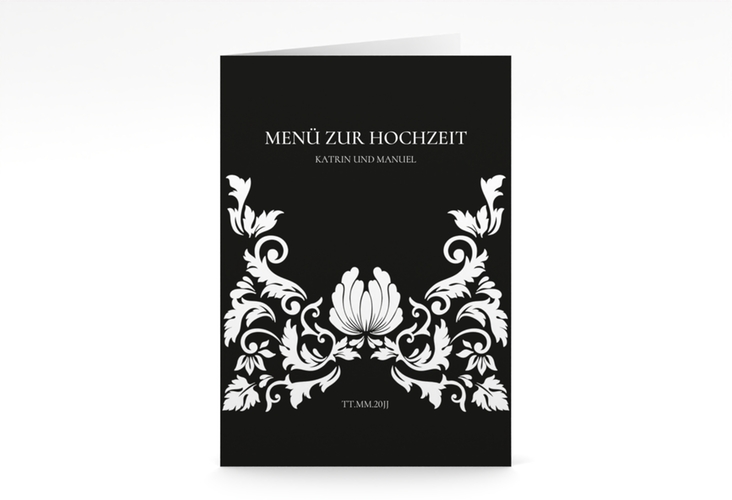 Menükarte Hochzeit Royal A5 Klappkarte hoch schwarz hochglanz mit barockem Blumen-Ornament