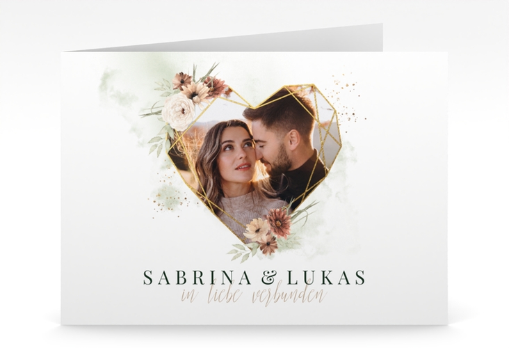 Hochzeitseinladung Odeur mittlere Klappkarte quer gruen mit Foto in Herzform