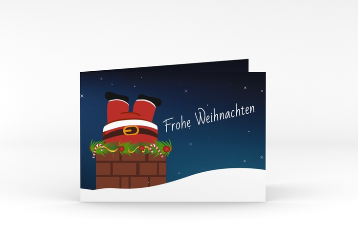 Business-Weihnachtskarte Schornstein A6 Klappkarte quer mit Weihnachtsmann, der im Kamin feststeckt