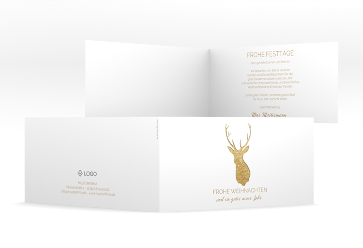 Geschäftliche Weihnachtskarte Deer lange Klappkarte quer gold hochglanz