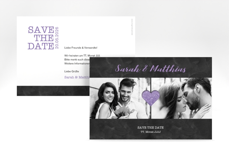 Save the Date-Karte Sparkly A6 Karte quer lila hochglanz