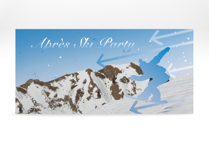 Partyeinladung Ski lange Karte quer mit Snowboarder für Après-Ski-Party