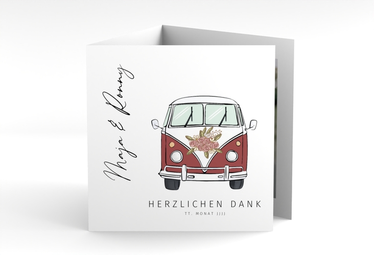 Dankeskarte Hochzeit Hochzeitsbulli quadr. Doppel-Klappkarte rot