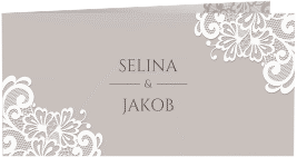 Klick: Details zu Hochzeitseinladung "Vintage" anzeigen Hochzeitseinladung Vintage lange Klappkarte quer grau mit floraler Spitze