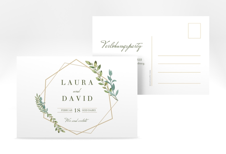 Verlobungskarte Hochzeit Herbarium A6 Postkarte gold mit geometrischem Rahmen und Blätter-Dekor