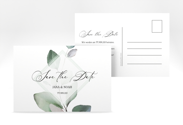 Save the Date-Postkarte Foglia A6 Postkarte weiss hochglanz edel mit Eukalyptus im Aquarell-Design