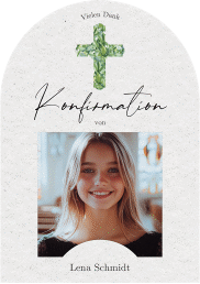 Klick: Details zu Danksagung Konfirmation "Greenery Cross" anzeigen Danksagung Konfirmation Greenery Cross mittlere Bogen-Karte + Foto gruen