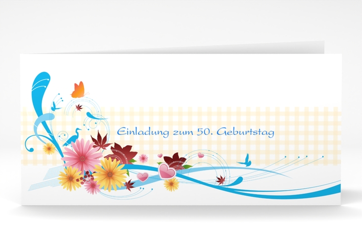 Einladung 50. Geburtstag Elisabeth lange Klappkarte quer blau hochglanz