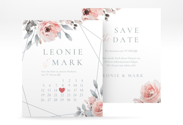 Save the Date-Kalenderblatt Perfection Kalenderblatt-Karte weiss mit rosa Rosen