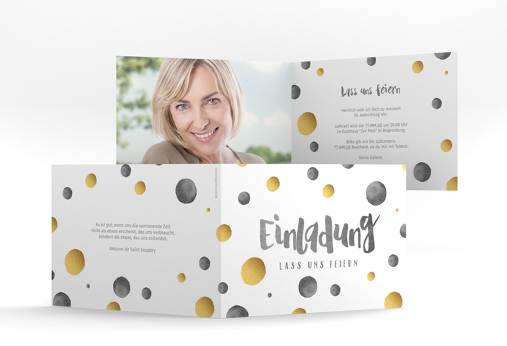 Einladung 50. Geburtstag Dots A6 Klappkarte quer schwarz