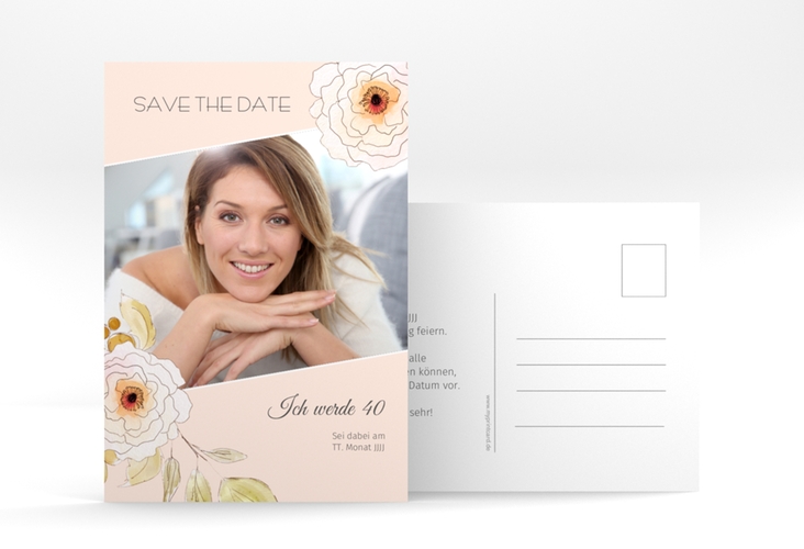 Save the Date-Postkarte Geburtstag Fleur A6 Postkarte apricot hochglanz