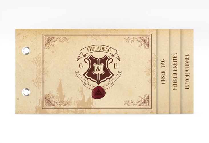 Hochzeitseinladung Zauberkunst Booklet mit Fantasy-Wappen, Siegel und Zauberschule