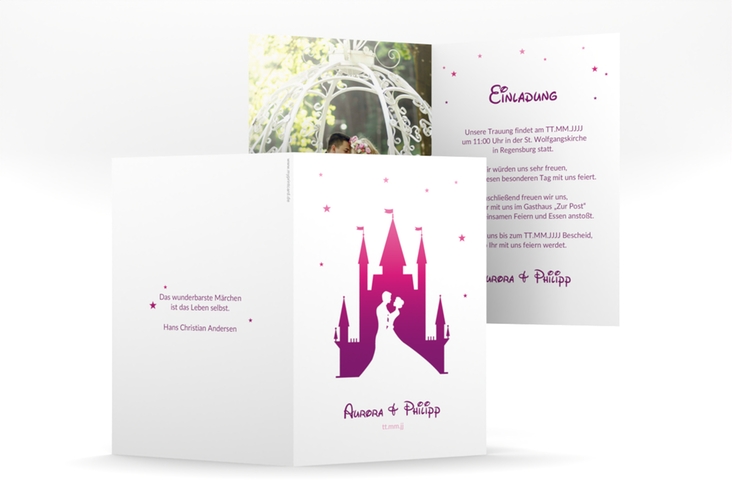 Einladungskarte Hochzeit Castle A6 Klappkarte hoch pink hochglanz