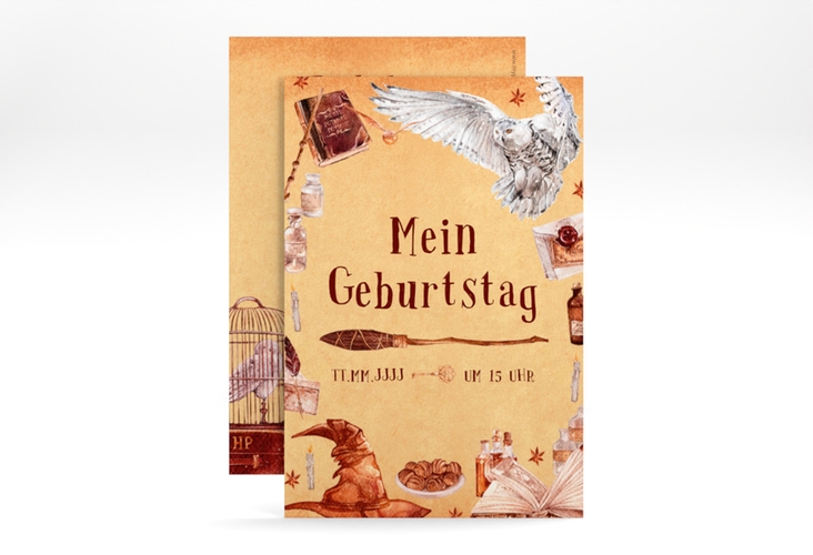 Einladungskarte Kindergeburtstag Zauberformel A6 Karte hoch mit Zauberhut, Hexenbesen und Schneeeule