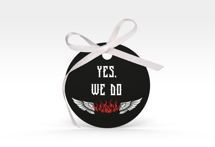 Geschenkanhänger Hochzeit Biker Geschenkanhänger, rund schwarz mit Rocker-Paar auf Motorrad