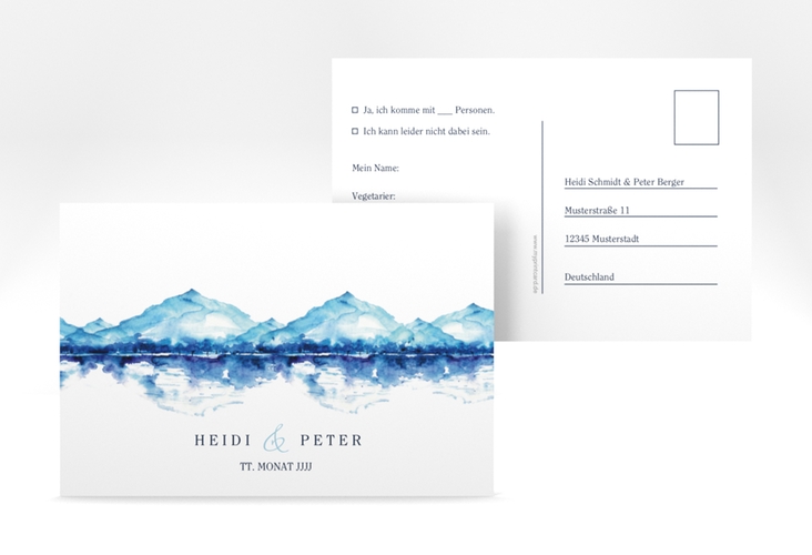Antwortkarte Hochzeit Bergliebe A6 Postkarte blau mit Gebirgspanorama für Berghochzeit
