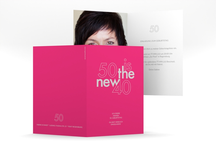 Einladung 50. Geburtstag Grateful A6 Klappkarte hoch pink