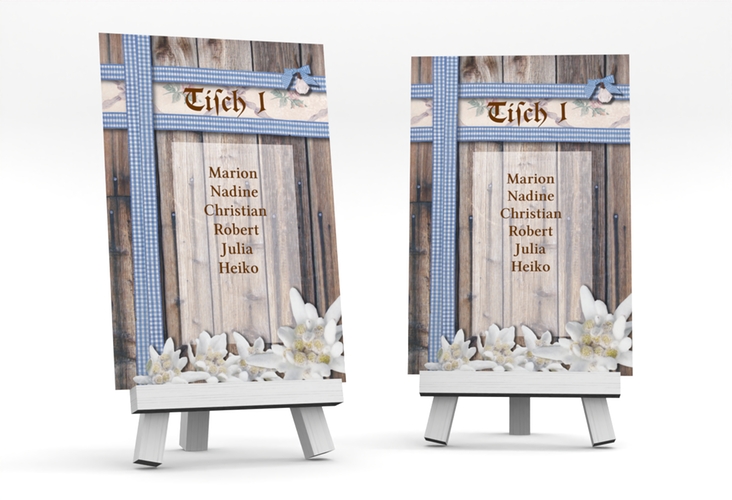 Tischaufsteller Hochzeit Bayern Tischaufsteller blau hochglanz mit Edelweiß in rustikaler Holz-Optik