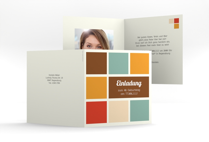 Einladung 40. Geburtstag Daniel/Daniela quadr. Klappkarte braun in Retro-Farben
