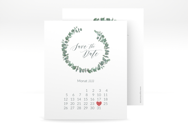 Save the Date-Kalenderblatt Silverleaf Kalenderblatt-Karte weiss hochglanz mit Eukalyptus-Zweig
