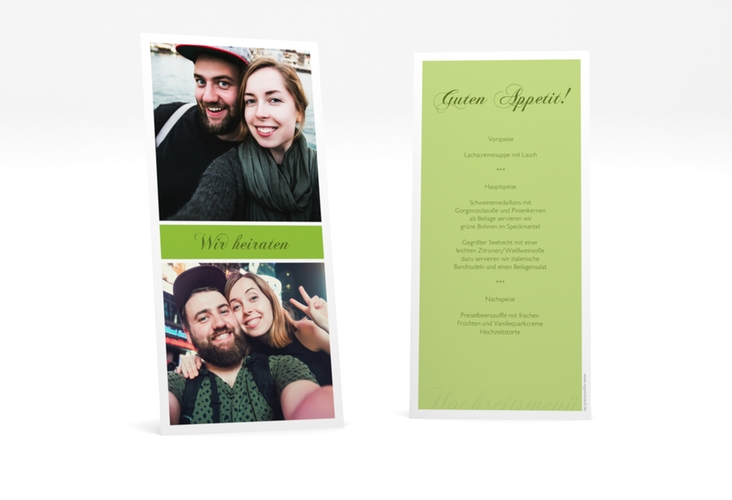 Menükarte Hochzeit Collage lange Karte hoch gruen hochglanz