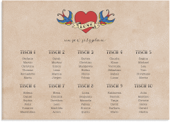 Klick: Details zu Sitzplan Leinwand Hochzeit "Skeleton" anzeigen Sitzplan Leinwand Hochzeit Skeleton 70 x 50 cm Leinwand beige mit Herz und zwei Schwalben