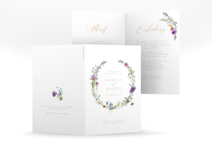 Einladungskarte Hochzeit Blumengarten A6 Klappkarte hoch bunt hochglanz mit Blumenkranz und Hummel