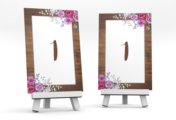 Tischnummer Hochzeit Flourish Tischaufsteller braun mit floraler Bauernmalerei auf Holz