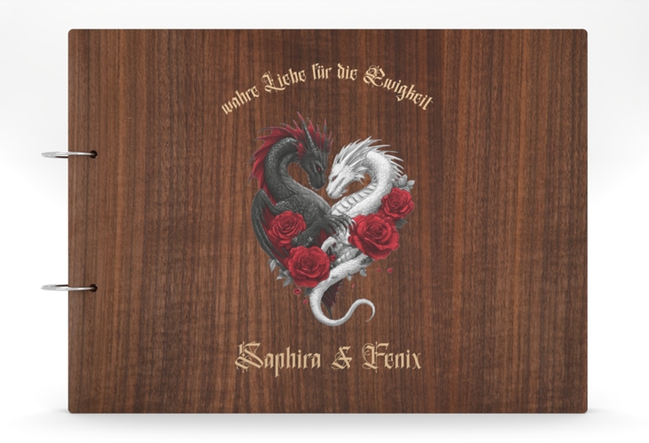 Gästebuch Holzcover Nussbaum Drachenliebe Holz-Cover, bedruckt bunt mit schwarzem und weißem Drachen zu einem Herz verschlungen