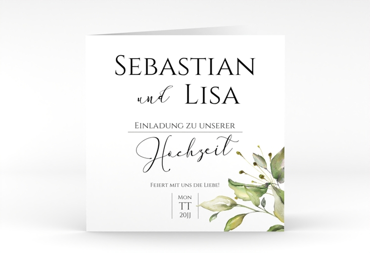 Hochzeitseinladung Leaves quadr. Klappkarte weiss hochglanz