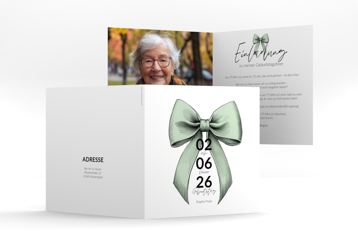 Einladung 70. Geburtstag Geburtstagsschleife quadr. Klappkarte