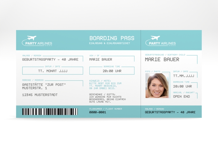 Einladung 40. Geburtstag Boardingpass lange Karte quer