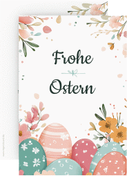 Osterkarte Osterblüte A6 Karte hoch bunt mit bunten Ostereiern und Blütenzweigen