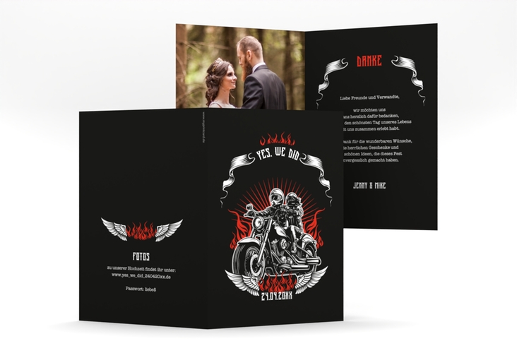 Danksagungskarte Hochzeit Biker A6 Klappkarte hoch schwarz mit Rocker-Paar auf Motorrad