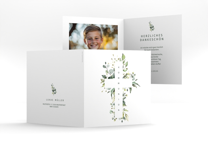 Danksagungskarte Kommunion Verdant quadr. Klappkarte weiss hochglanz