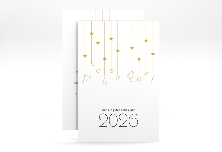 Business-Weihnachtskarte Windspiel A6 Karte hoch weiss schlicht mit Sternchen-Girlande und Jahreszahl