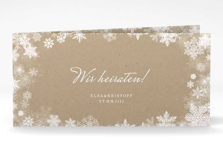 Hochzeitseinladung Snowfall lange Klappkarte quer Kraftpapier mit Schneeflocken für Winterhochzeit
