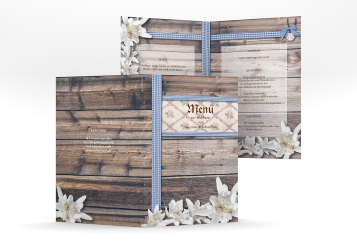 Menükarte Hochzeit Bayern A5 Klappkarte hoch blau mit Edelweiß in rustikaler Holz-Optik