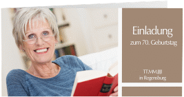 Einladung 70. Geburtstag Gerd/Gerda lange Klappkarte quer braun mit Foto